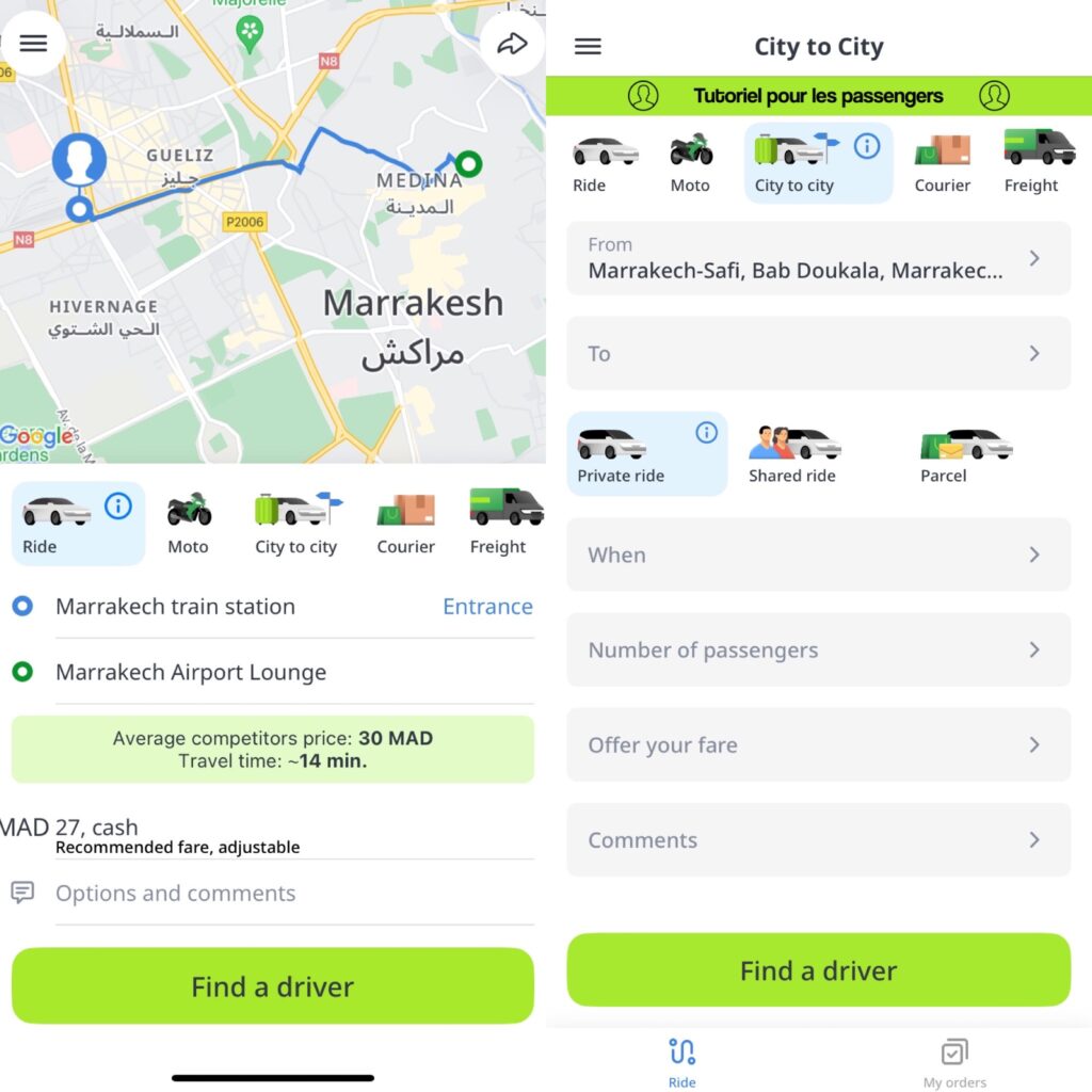 using the city to city option in indrive taxi app in Morocco