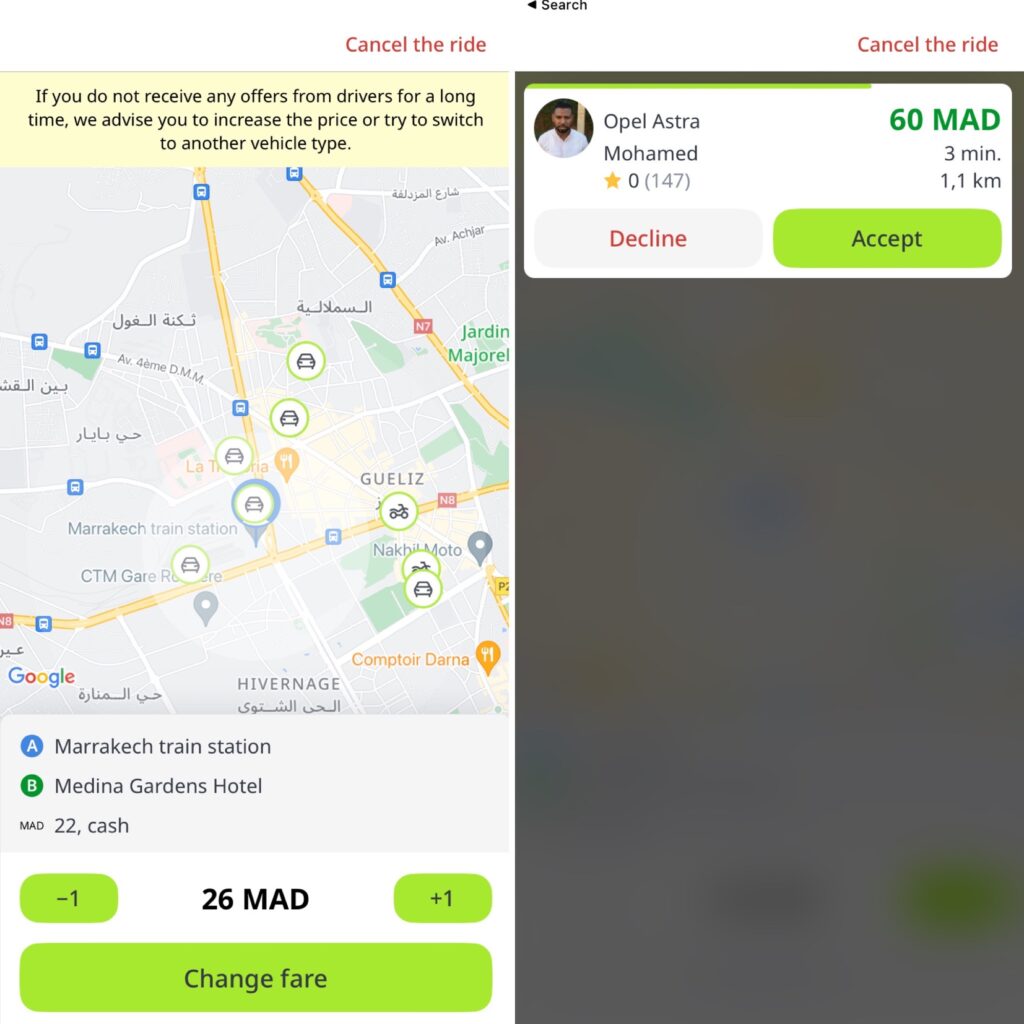 finding a ride in indrive taxi app in Morocco